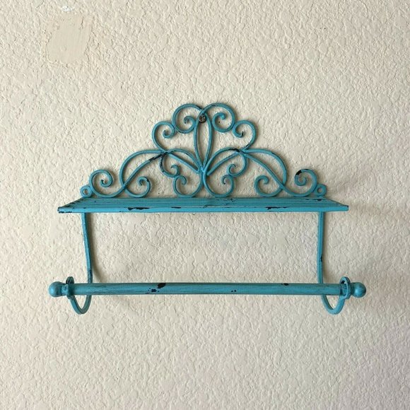 Vintage Rustic Turquoise Iron Metal Hanging Vanity Craf Room Bathroom Organizer - Picture 1 of 6